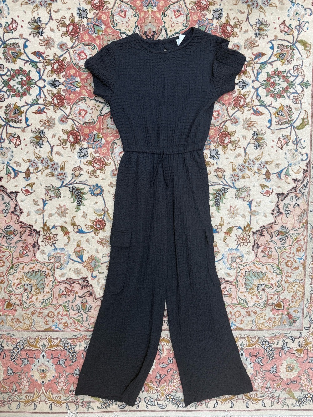Zara Black Textured Short-Sleeve Wide-Leg Jumpsuit with Tie Waist